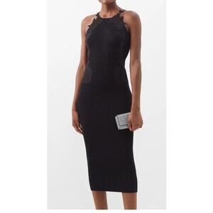 Self Portrait Lace Insert Knit Midi Dress Black Body Con Sleeveless Ribbed S